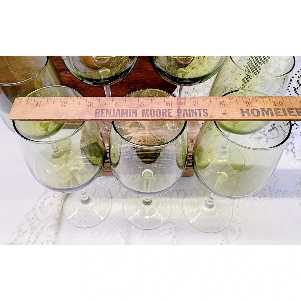 Set of 6 Olive Green Tinted Wine Glasses Long Stem Clear Base 9 Inch 2.75 Rim